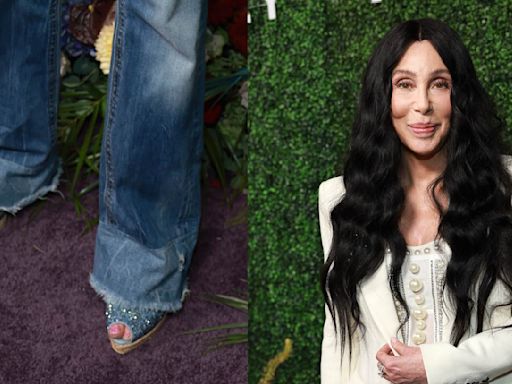 Cher Rings in Summer in Bedazzled Denim Platform Espadrilles at a Tristan Schukraft Event in West Hollywood