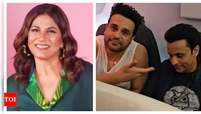 Archana Puran Singh gives a sneak peek of her flight journey with Krushna Abhishek and Rajiv Thakur; playfully asks 'kaisa lag raha pehli baar business class mein travel karke' - Times of India