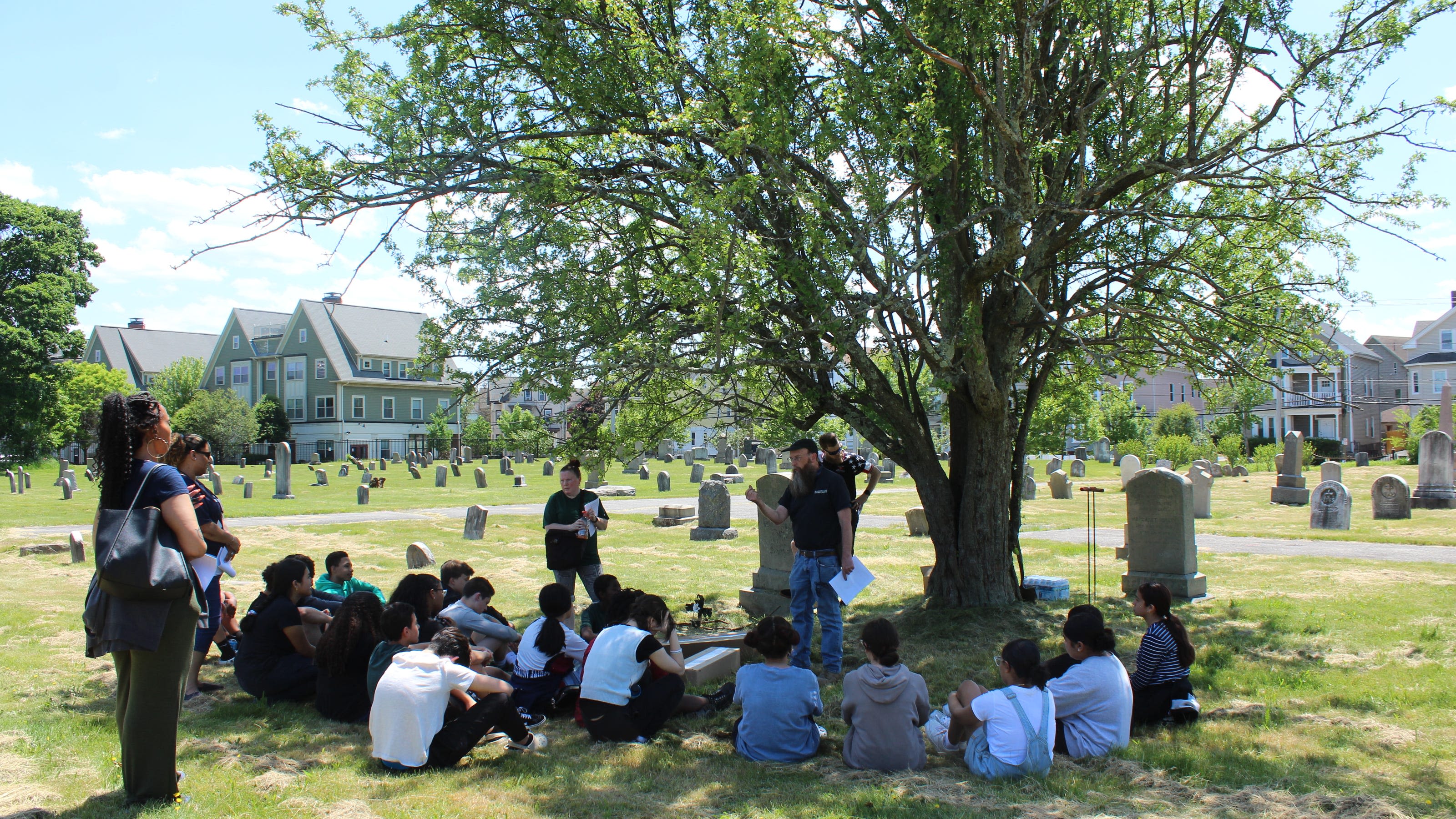 The Rev. Ken Postle explains the significance of the Civil War to a group of eighth-graders