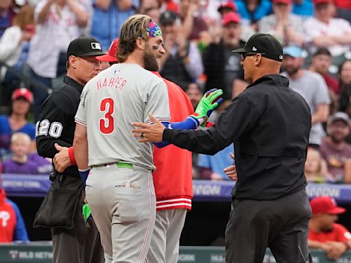 Phillies' Bryce Harper ejected after striking out in first inning on 3-2, 11-inning loss at Rockies