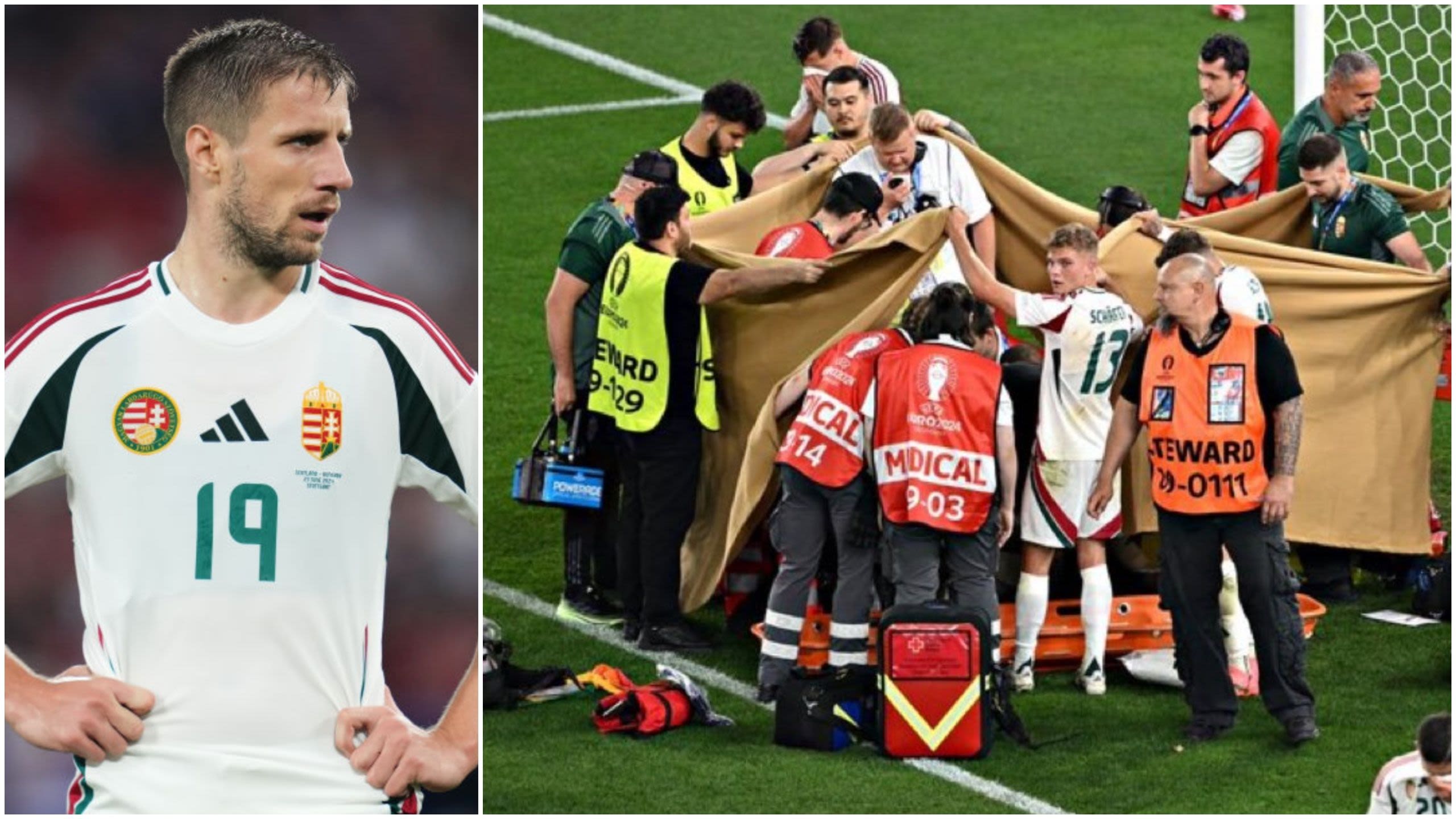 BREAKING: Hungary's Barnabas Varga stretchered off pitch after sickening collision v Scotland