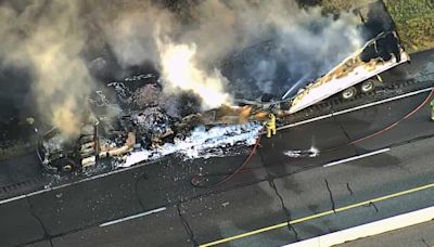 Sky 5 shows destroyed semi after catching fire on Turner Turnpike