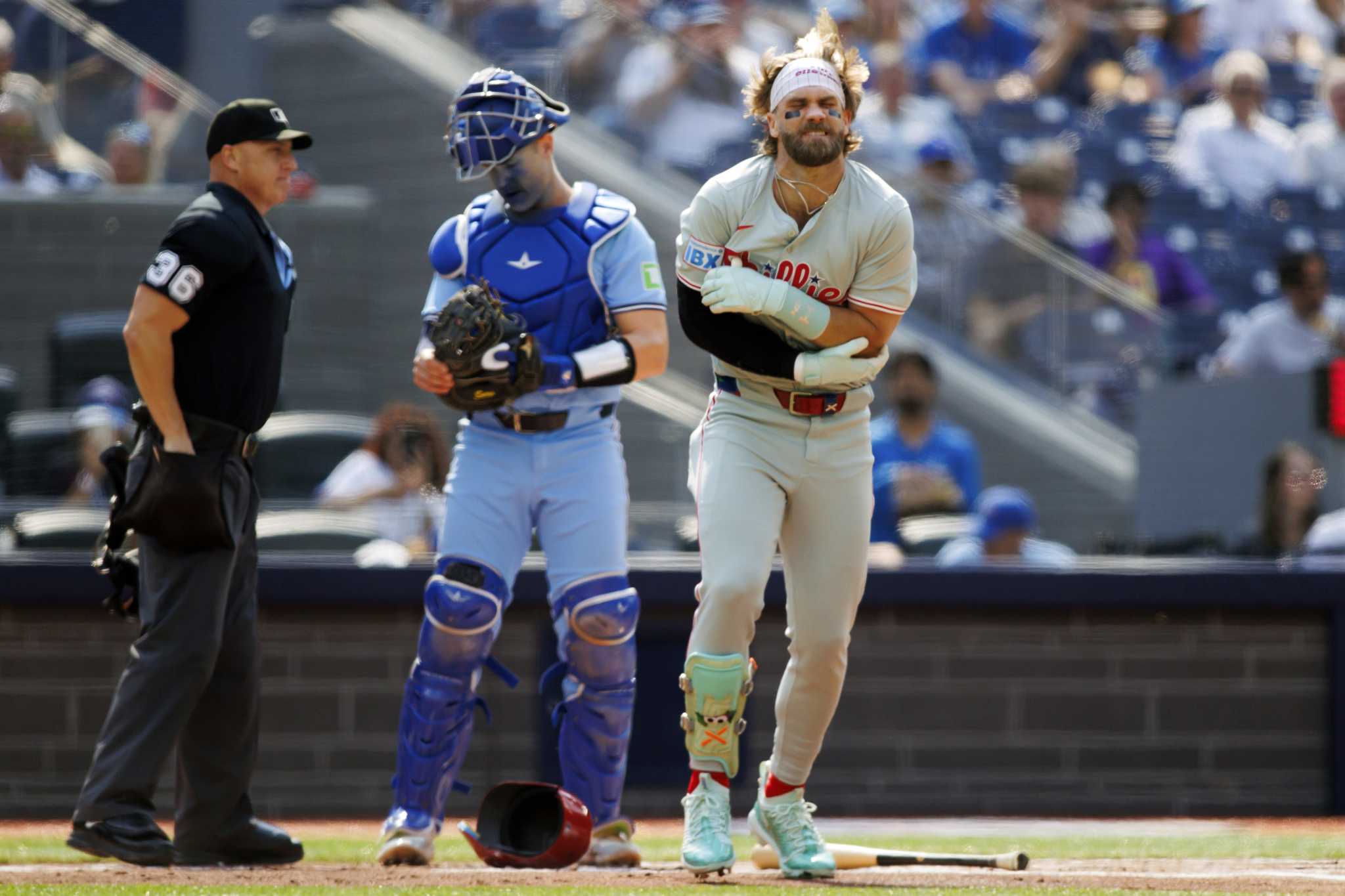 Phillies slugger Bryce Harper leaves game at Toronto after being hit on left elbow by pitch