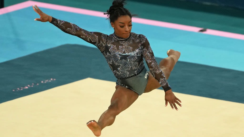 This composite photo of Simone Biles' floor routine at the 2024 Paris Olympics can only be described as art