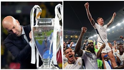 Zinedine Zidane brings out Real Madrid's 15th Champions League trophy; Toni Kroos lifted aloft in farewell game