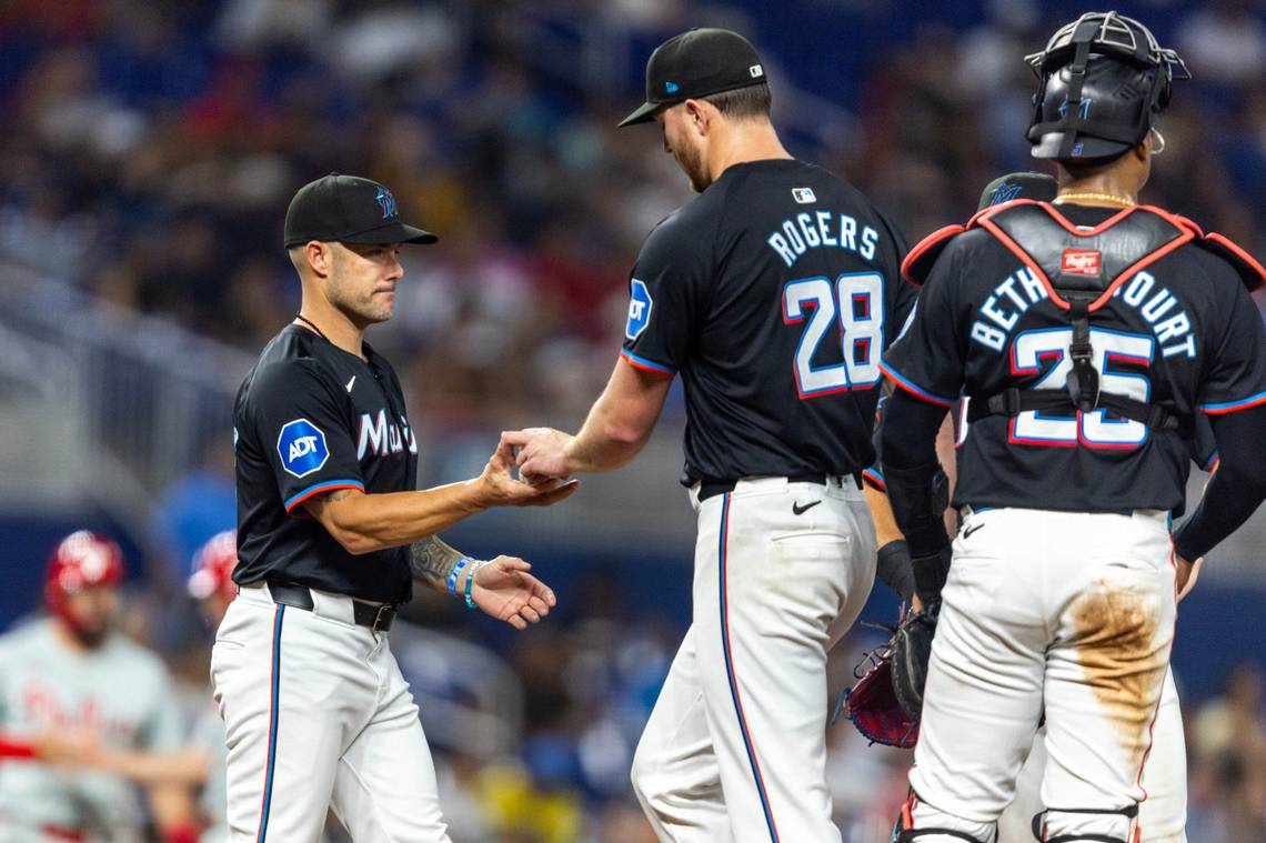 Pitching reinforcements are on the way as Marlins’ Rogers struggles in 8-2 loss to Phillies