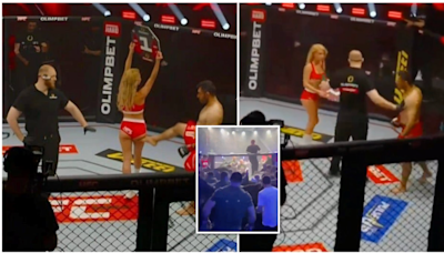 MMA fighter banned for life after KICKING ring girl - massive brawl then breaks out