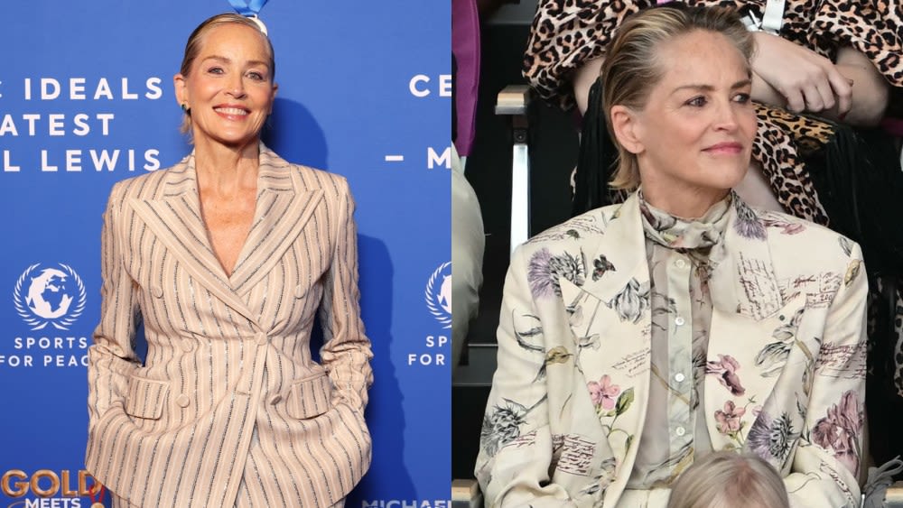 Sharon Stone Puts Maximalist Spin on Suiting in Bedazzled Pinstripes and Florals During the 2024 Paris Olympics