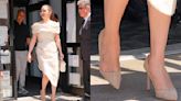 Selena Gomez Wears Beige Manolo Blahnik Suede Shoes at Rare Beauty Event in New York