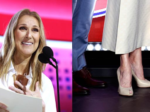 Celine Dion Takes Neutral Style Cues in Tan Peep-Toe Pumps at a 2024 Upper Deck NHL Draft Event in Las Vegas