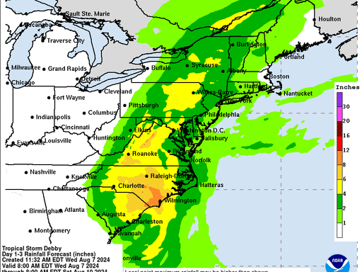 Tropical Storm Debby rainfall totals for NC, SC, Georgia through Wednesday morning, Aug. 7