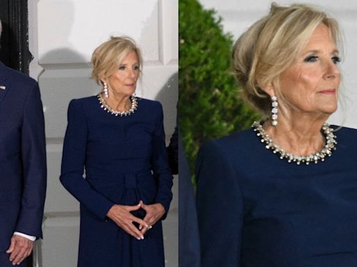 Jill Biden Brings Bling and Blue Together in Jenny Packham Knotted Midi Dress for NATO Summit 2024 Dinner at White House