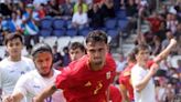 ...Gomez of Spain in action during the Men Group C Match Uzbekistan vs Spain of the Soccer competitions in the Paris 2024 Olympic Games, at the Parc de Princes...