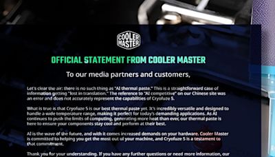 Cooler Master : 沒有 AI 散熱膏 翻譯傳遞誤解 導致中國區網站出錯