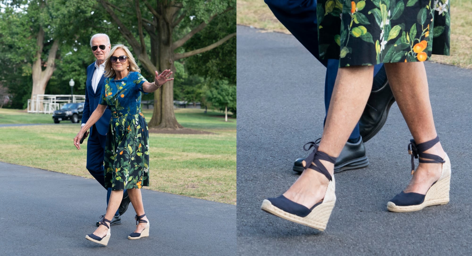 Jill Biden Embraces Summer Style in Florals and Navy Wedges While Returning to White House With President Joe Biden