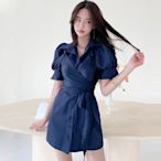 【Nina SHOP】韓國輕熟女裝 休閒修身條紋系帶假兩件襯衫裙