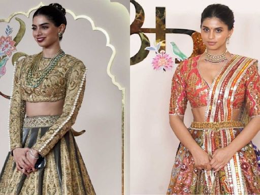 Suhana Khan embraces colors for second look in silk panel lehenga; Khushi Kapoor picks velvet for Anant Ambani-Radhika's wedding