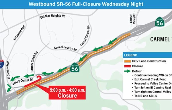 Road closure: SR-56 to close overnight Wednesday and Thursday