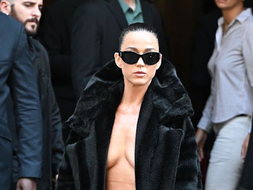 Katy Perry Went Topless in Nothing But Ripped Tights and an Open Jacket at PFW