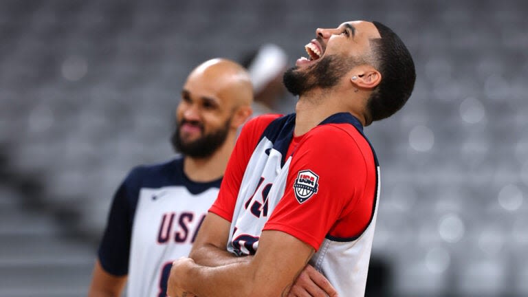 Jayson Tatum, Derrick White exchange friendly jabs before 2024 Olympic Opening Ceremony