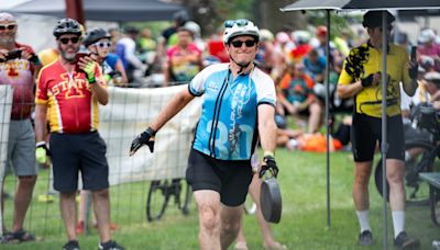 Macksburg is home to a national skillet throw competition. RAGBRAI riders tried the sport.