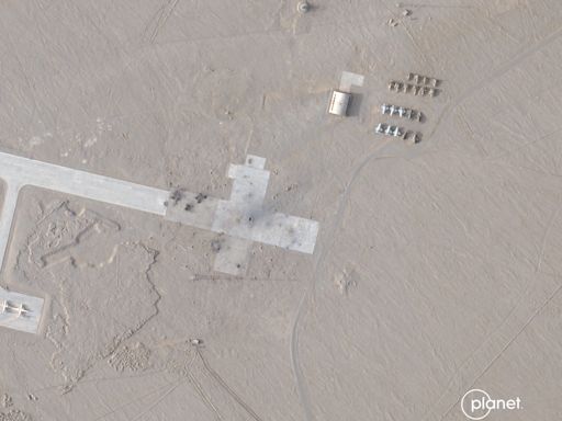 Satellite images show apparent mock-ups of US fifth-gen fighter jets and a runway with blast marks and craters in a Chinese desert