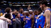 Jalen Williams celebrates with Nick Gallo after Thunder's playoff win against Pelicans