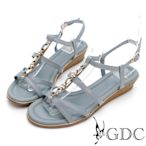 GDC-真皮幻彩寶石水鑽編織羅馬風楔型涼鞋-淺藍色