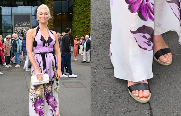 Hannah Waddingham Cheers at Wimbledon in Black Wedge Sandals and Floral Elie Saab Dress