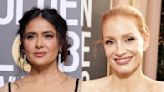 Salma Hayek & Jessica Chastain Accidentally Twinning On the Golden Globes Red Carpet Might Be Our Favorite Fashion Moment Yet