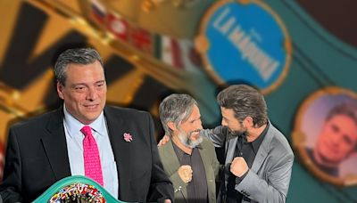 Mauricio Sulaimán, presidente del CMB, da cinturón de boxeo a Gael García y Diego Luna por ‘La Máquina’