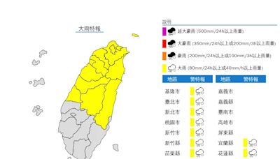 12縣市大雨特報、5縣市大雷雨 「這些地方」慎防山區暴雨