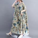米蘭精品 連身裙棉麻洋裝-印花寬鬆優雅短袖女裙子74cs56