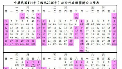 人事總處公布明年行事曆 3天以上連假有6個