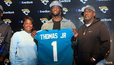 Brian Thomas Jr introduced after being drafted by the Jacksonville Jaguars