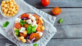 Pasta salad with tomatoes, cheese, and chickpeas