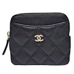 CHANEL 經典菱格粒紋牛皮金色雙C LOGO拉鍊卡夾/零錢包(黑)