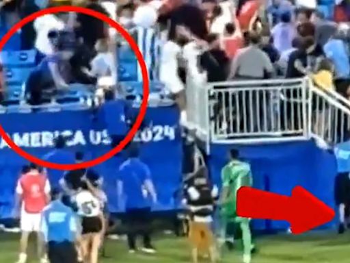 El momento en el que Rodrigo Bentancur hirió de un botellazo en la cabeza al preparador físico de Uruguay en medio de la pelea en la tribuna