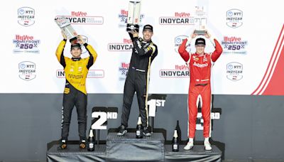 IndyCar’s Josef Newgarden used the slippery high line to drive from 22nd to third at Iowa Speedway