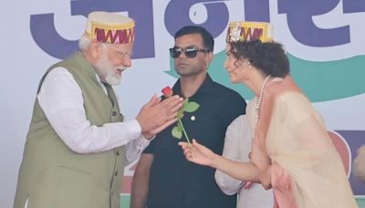 PM Modi campaigns for Kangana Ranaut at huge election rally in Mandi; she welcomes him with a rose. See pics