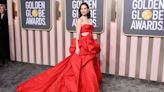 Lily James Is a Vision in a Strapless Red Gown at the Golden Globes