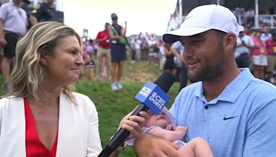 Scheffler chokes up holding his baby in Amanda Balionis interview