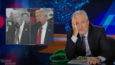 Jon Stewart uses an awkward montage to show how Trump is reusing old attacks