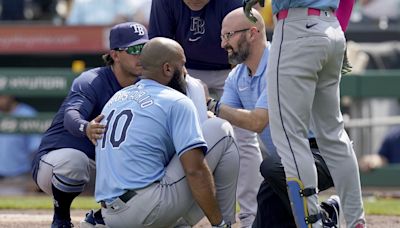 Rays 3B Amed Rosario exits after getting hit in the head with 99 mph from Pirates Jared Jones