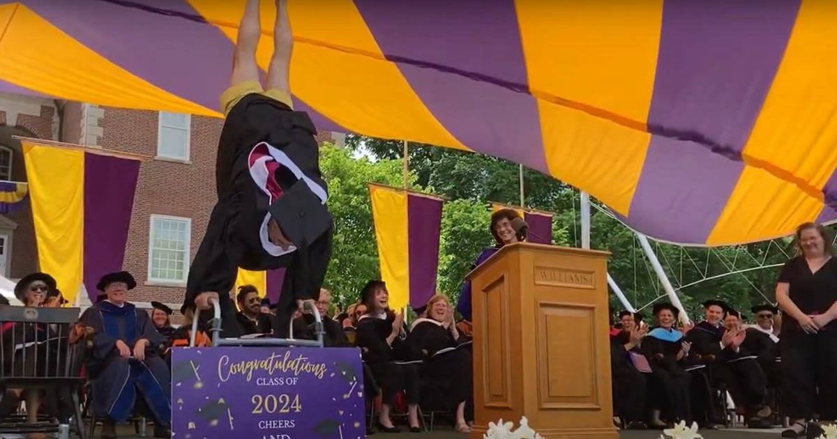 Retiring professor does a handstand on a walker at Williams College's 235th commencement