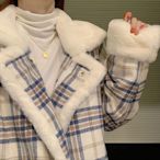小個子冬季新款復古拼接毛領高領格子外套女冬季加厚寬松呢子上衣超夯 精品