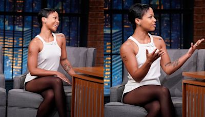 Myha’la Elevates Casual Dressing in White Tank Top for ‘Seth Meyers’ Interview, Talks ‘Industry’ Season Three