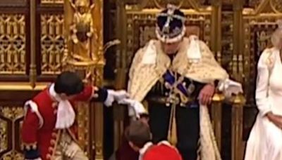 King Charles appears to get frustrated with robe during State Opening of Parliament