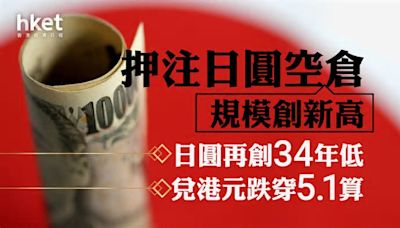 日圓走勢｜日圓再創34年新低、兌港元跌穿5.1算 押注日圓空倉規模創新高