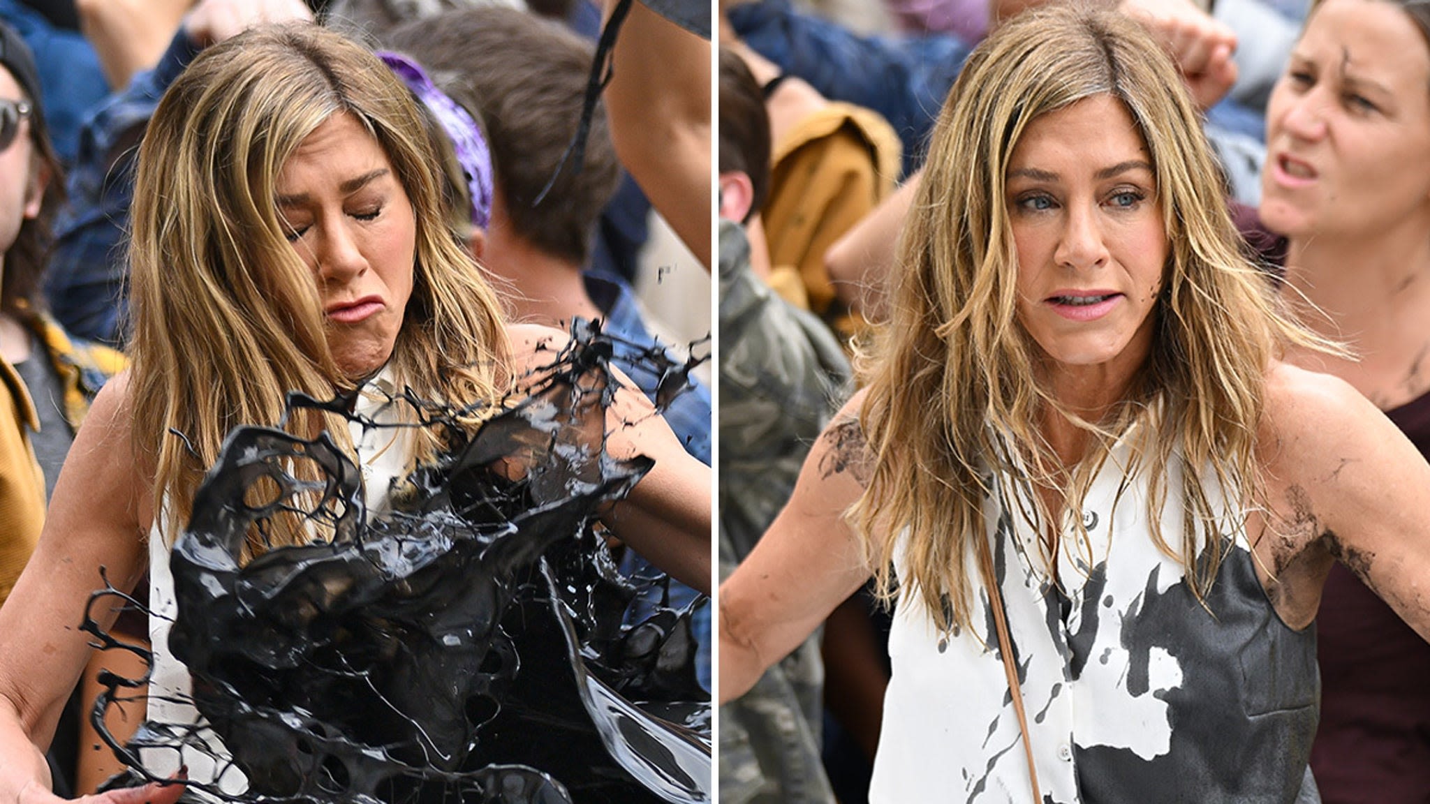 Jennifer Aniston Has Fake Oil Thrown On Her While Filming 'Morning Show' Protest Scene